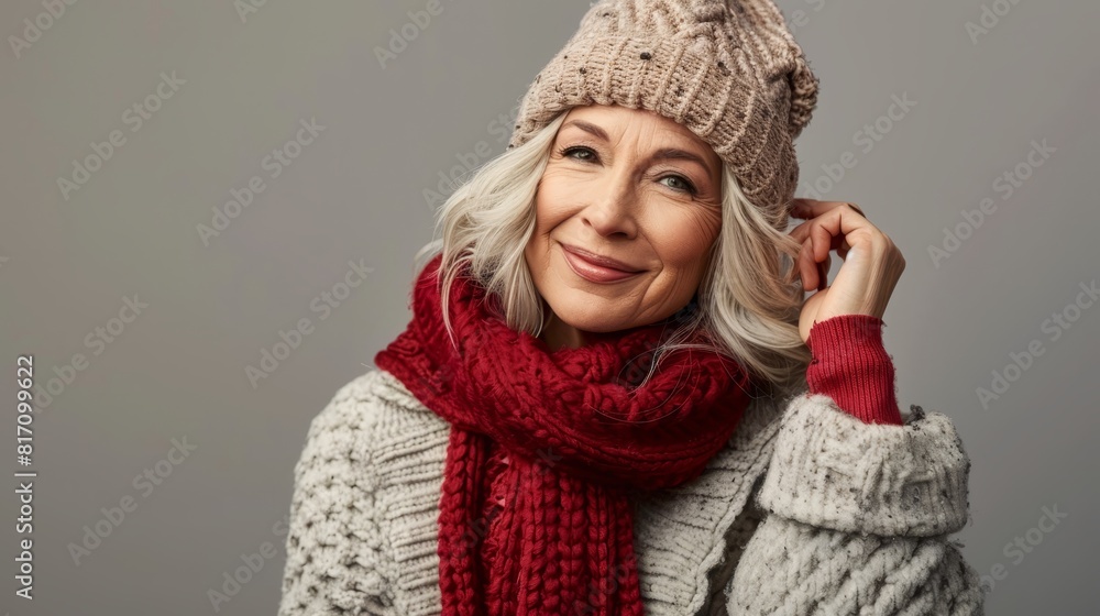 Elderly woman wearing a winter hat and scarf, holding a warm mug outdoors in a snowy setting, smiling warmly. Great for winter-themed campaigns, senior lifestyle . Elderly woman wearing a winter hat and scarf, holding a warm mug outdoors in a snowy setting, smiling warmly. Great for winter-themed campaigns, senior lifestyle .