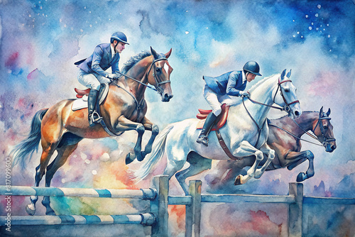 An eventing competition captures the thrill of the stadium jumping phase, with horses and riders demonstrating courage and teamwork. © Woonsen