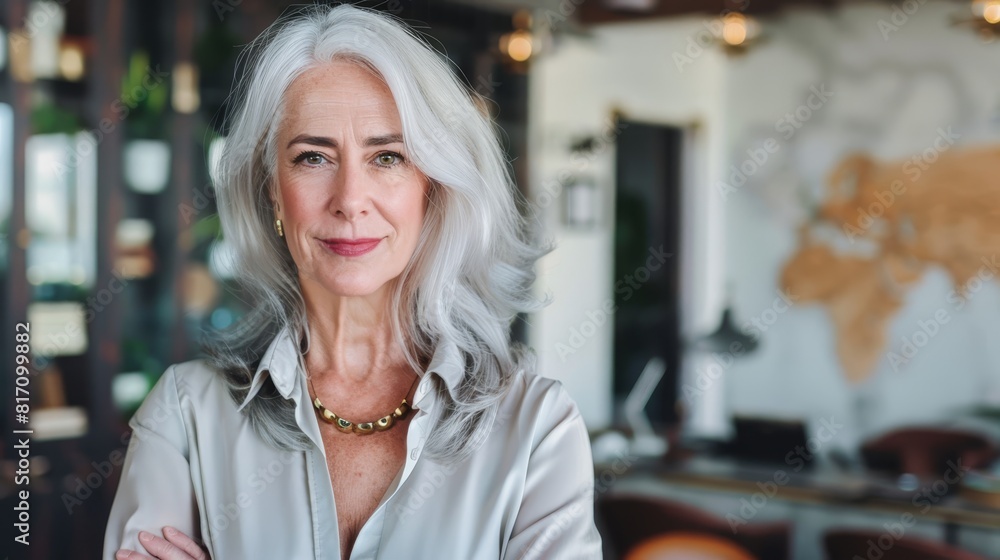 Confident senior businesswoman with gray hair and glasses, standing with arms crossed in a modern office setting. Confident senior businesswoman with gray hair and glasses, standing with arms crossed in a modern office setting.