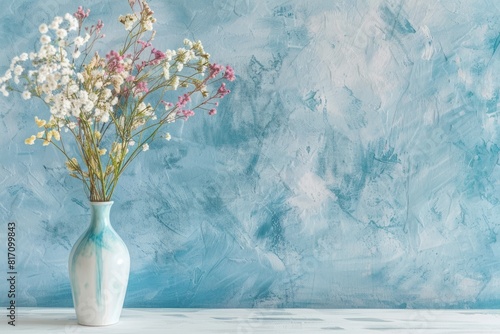 It's a Monet-style photograph of bright bouquets of flowers in a vase on an empty table against a blue wall background.