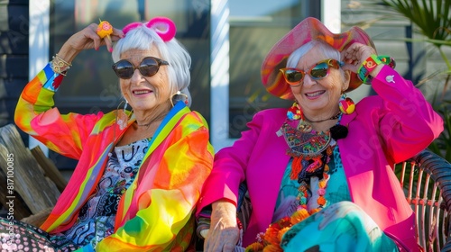 Two elderly women wearing colorful clothes and accessories, sitting outdoors, smiling, and posing playfully.
