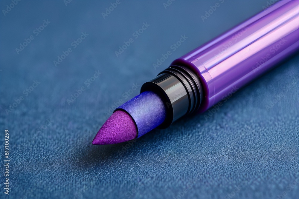 Purple pen with black tip on blue surface with blue background Purple pen with black tip on blue surface with blue background
