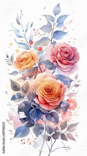 A watercolor painting of a bouquet of roses with a blue background