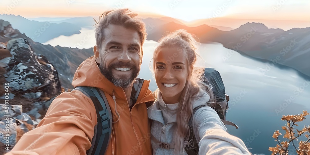 Couple taking selfie on mountain hike with sunset and lake view. Concept Couple Photoshoot, Mountain Hike, Sunset Views, Lake Background, Selfie Moment