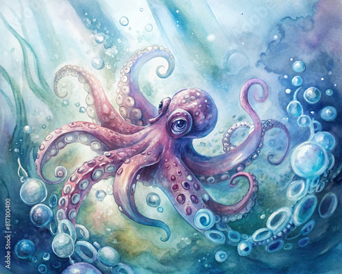 A dynamic underwater scene capturing the energy and excitement of octopus wrestling, with bubbles and splashes all around. © Woonsen