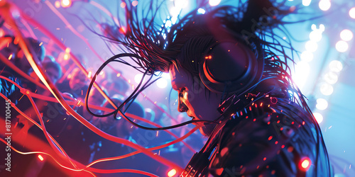 A cyberpunk musician, wires and lights entwined, unleashes a sonic assault on an enraptured crowd.  photo