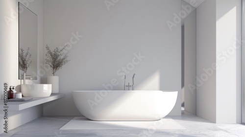 Minimalist-style bathroom with clean lines  a freestanding bathtub  and a large mirror.