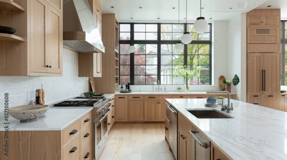 A bright, contemporary kitchen features light wood cabinets, a large island with a sink, and stainless steel appliances. The space is flooded with natural daylight from the large windows. A bright, contemporary kitchen features light wood cabinets, a large island with a sink, and stainless steel appliances. The space is flooded with natural daylight from the large windows.