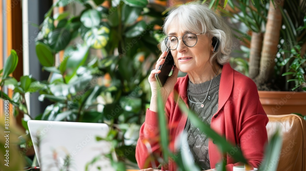 Older woman in a vibrant yellow outfit working on a laptop, ideal for themes of senior professionals, work-life balance, and modern elders. Older woman in a vibrant yellow outfit working on a laptop, ideal for themes of senior professionals, work-life balance, and modern elders.