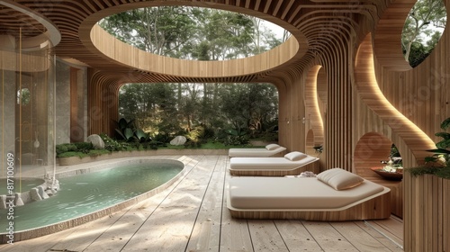A room featuring a circular pool surrounded by lounge chairs, creating a relaxing and recreational space for guests.