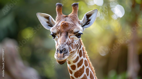 Closeup of a giraffe's face. A detailed image capturing the unique features of a giraffe's face, highlighting its expressive eyes, long eyelashes, and patterned fur.