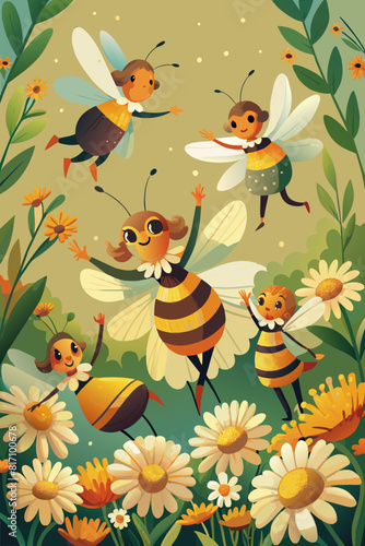 Whimsical Cartoon Bees Enjoying a Floral Wonderland