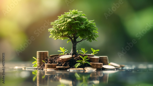 A tree sprouts from the ground, surrounded by gold coins at its roots, symbolizing the growth and prosperity of investments. For investing contents.