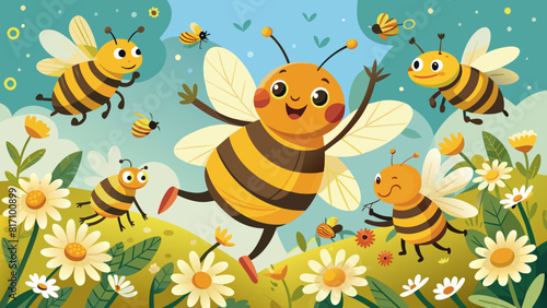 Joyful Cartoon Bees Buzzing Around Spring Flowers