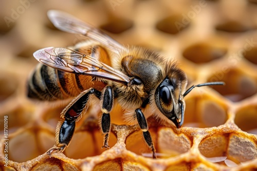 Closeup of a pollinator insect, the honeybee, on a honeycomb © Наталья Бойко