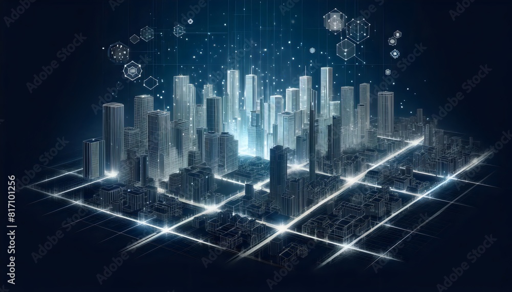 a digitalized cityscape, showcasing towering skyscrapers interconnected by glowing grid lines