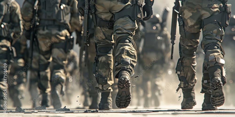 A group of augmented soldiers march in formation, their enhanced abilities on full display. A group of augmented soldiers march in formation, their enhanced abilities on full display.