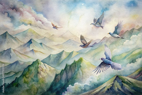 A scenic watercolor depiction of pigeons flying over mountains  highlighting the endurance required for long-distance pigeon racing