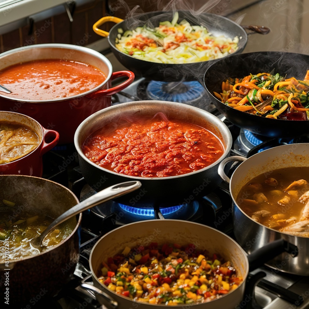 Food cooking in pans meal dinner indian concept kitchen cuisine Food cooking in pans meal dinner indian concept kitchen cuisine