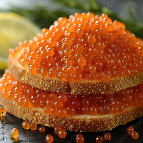 A stack of salmon and red caviar sandwich on the table