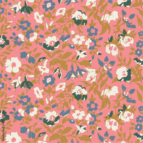 Vintage seamless floral pattern. Liberty style background of small pastel colorful flowers. Small flowers scattered over a white background. Stock vector for printing on surfaces. Abstract flowers.