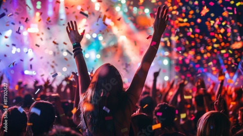 group of people with their backs turned at a concert with neon lights at night in high resolution and quality