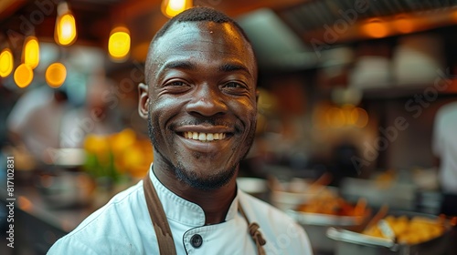 Proud friendly young male chef, with short afro hair and smile in a minimalist kitchen. The male Chef Looks confident into camera. © Alghas