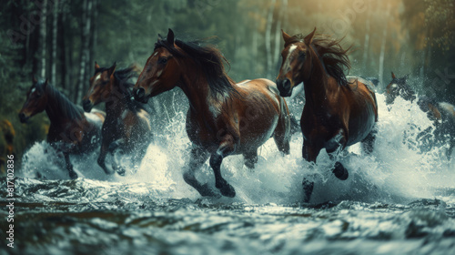 Wild horse running through the spray of water in the river they cross  forest background 