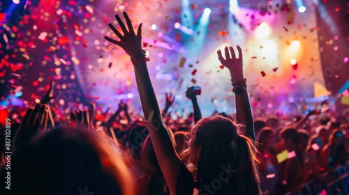 group of people with their backs turned at a concert with neon lights at night in high resolution and high quality