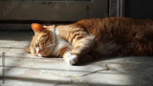 Overweight cat relaxing in a sunbeam on the floor, looking completely content and serene.