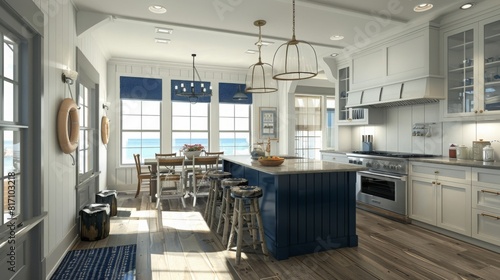 A kitchen with white cabinets overlooking the ocean, offering a serene view of the water blending with the sky on the horizon.
