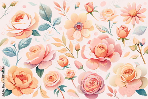Peach rose flower watercolor seamless pattern