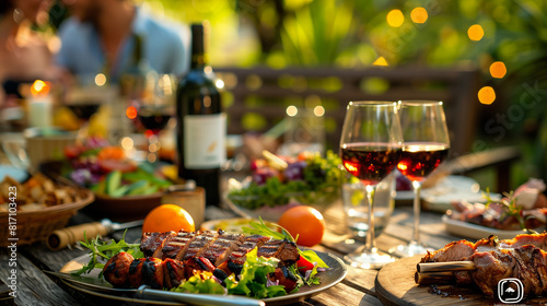 Backyard dinner table have a tasty grilled BBQ meat  Salads and wine with happy joyful people on background