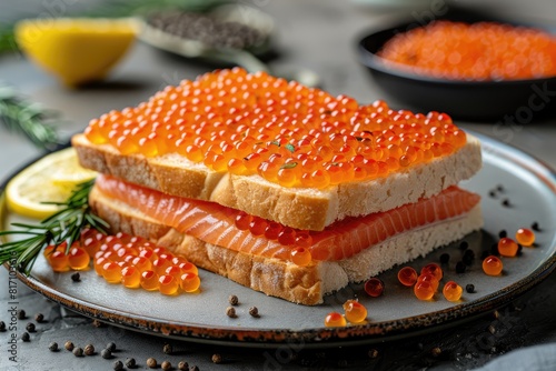 A stack of salmon and red caviar sandwich on the table