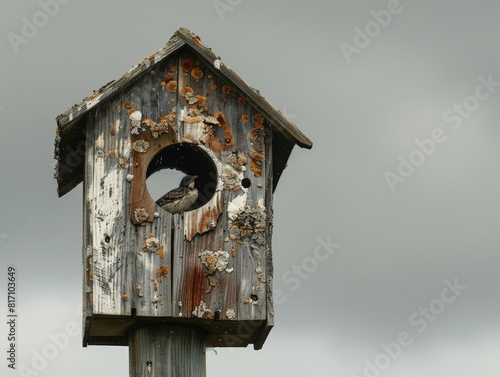 A weathered, wooden birdhouse with a broken perch, set against a grey sky. Golden ratio composition,