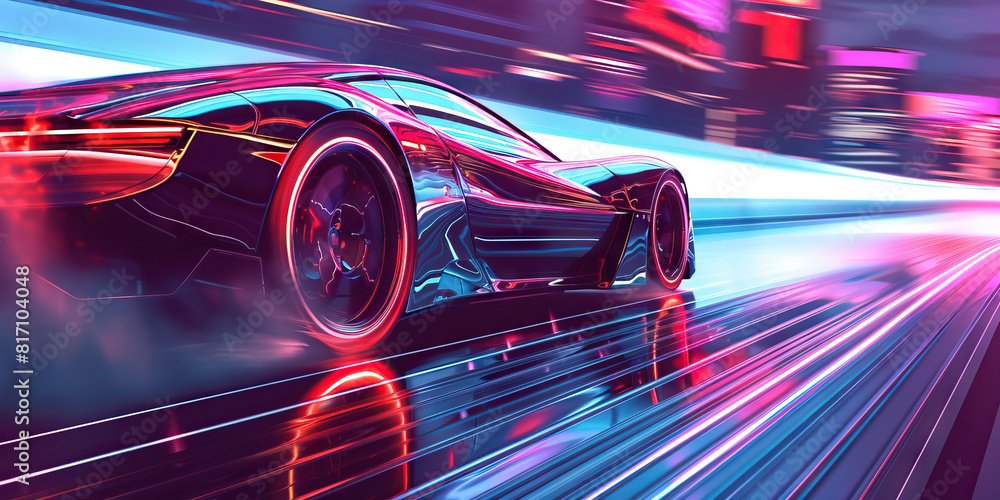 A futuristic car, sleek lines reflecting the neon glow of a cyberpunk city, speeds down a glistening highway.