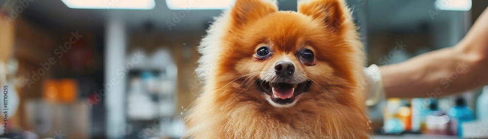 Bright and lively commercial photo of a Spitz Pomeranian being groomed in a pet salon, showcasing the groomers skill and the salons welcoming atmosphere Bright and lively commercial photo of a Spitz Pomeranian being groomed in a pet salon, showcasing the groomers skill and the salons welcoming atmosphere