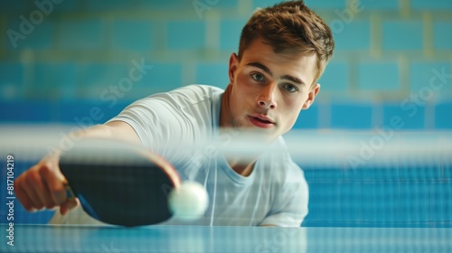 White man practicing table tennis sport, person is focused and enjoying the sport, sports photography, generative ai. photo