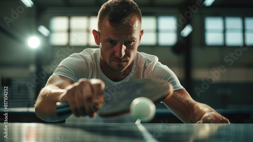 White man practicing table tennis sport, person is focused and enjoying the sport, sports photography, generative ai. photo