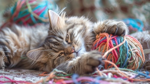 Plump cat playing with a ball of yarn, entangled but enjoying itself immensely. photo