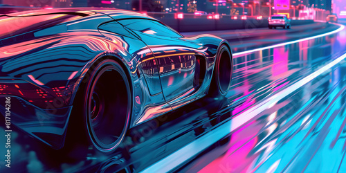 A futuristic car, sleek lines reflecting the neon glow of a cyberpunk city, speeds down a glistening highway. © Lila Patel
