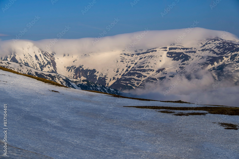 snow covered mountains, Mosuleata Refuge, Fagaras Mountains, Romania