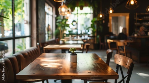 A deserted restaurant featuring wooden tables and chairs  devoid of patrons or staff in a quiet setting.