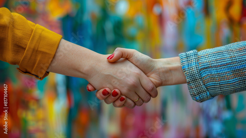 Two people of any gender are shaking hands in front of an abstract painting.