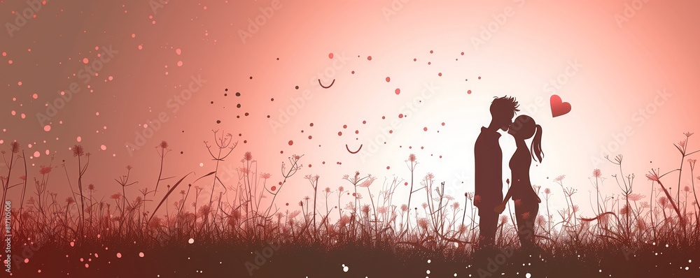 A silhouette of a couple sharing a kiss amidst a vast field, creating a beautiful and intimate moment A silhouette of a couple sharing a kiss amidst a vast field, creating a beautiful and intimate moment