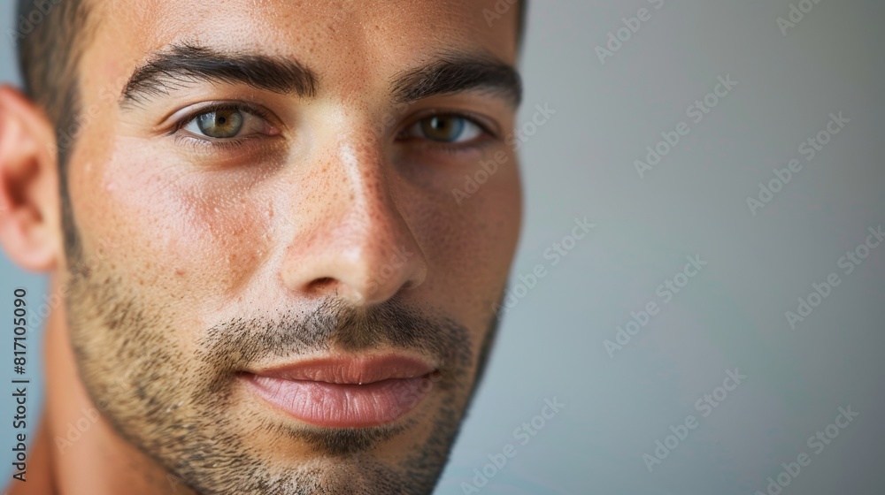 Portrait of a man with clear, blemish-free skin confidently facing the camera, showcasing his natural beauty. Portrait of a man with clear, blemish-free skin confidently facing the camera, showcasing his natural beauty.