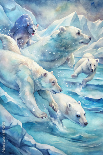A detailed watercolor illustration capturing the camaraderie and competitiveness of polar bears in a swimming race, set against a snowy Arctic backdrop