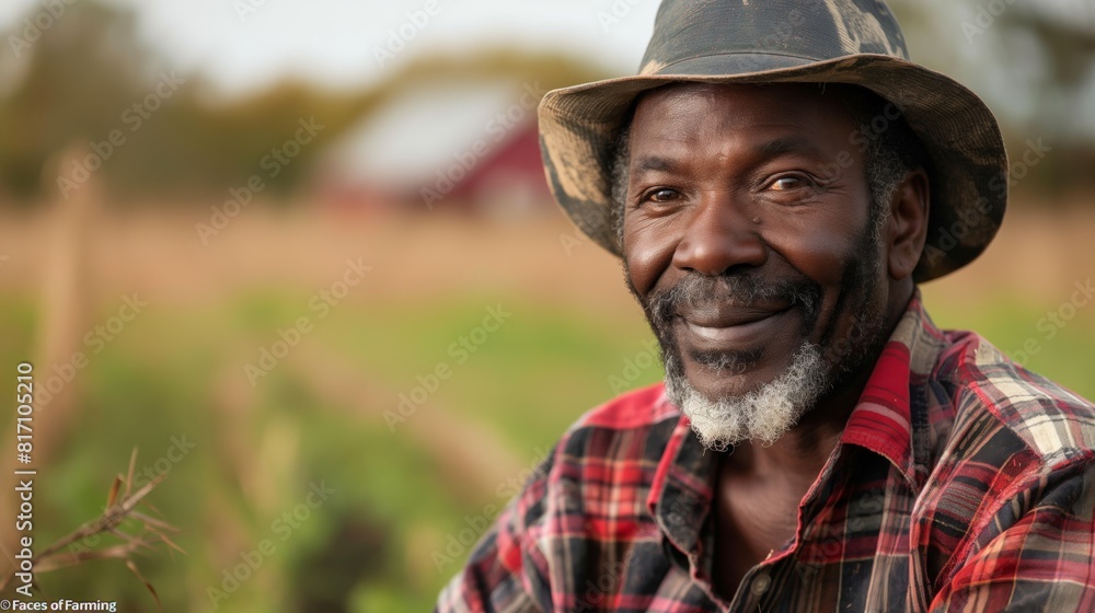 Elderly Farmer Smiling in Field Near a Barn at Sunset Elderly Farmer Smiling in Field Near a Barn at Sunset