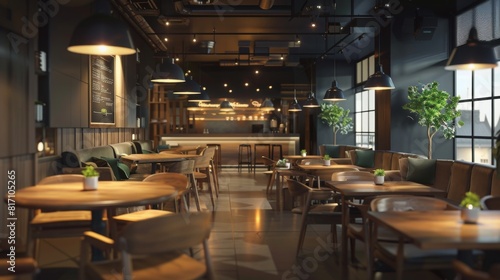 A modern, cozy cafe with wooden tables and chairs, green plants, and ambient evening lighting creating a welcoming atmosphere.