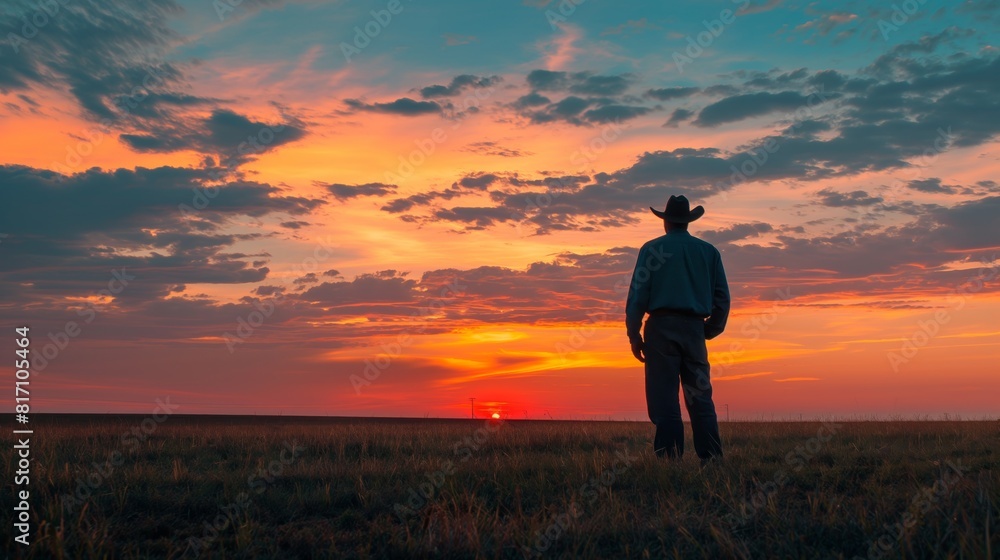 Farmer Watching Stunning Sunset in Open Field During Dusk in Countryside Farmer Watching Stunning Sunset in Open Field During Dusk in Countryside